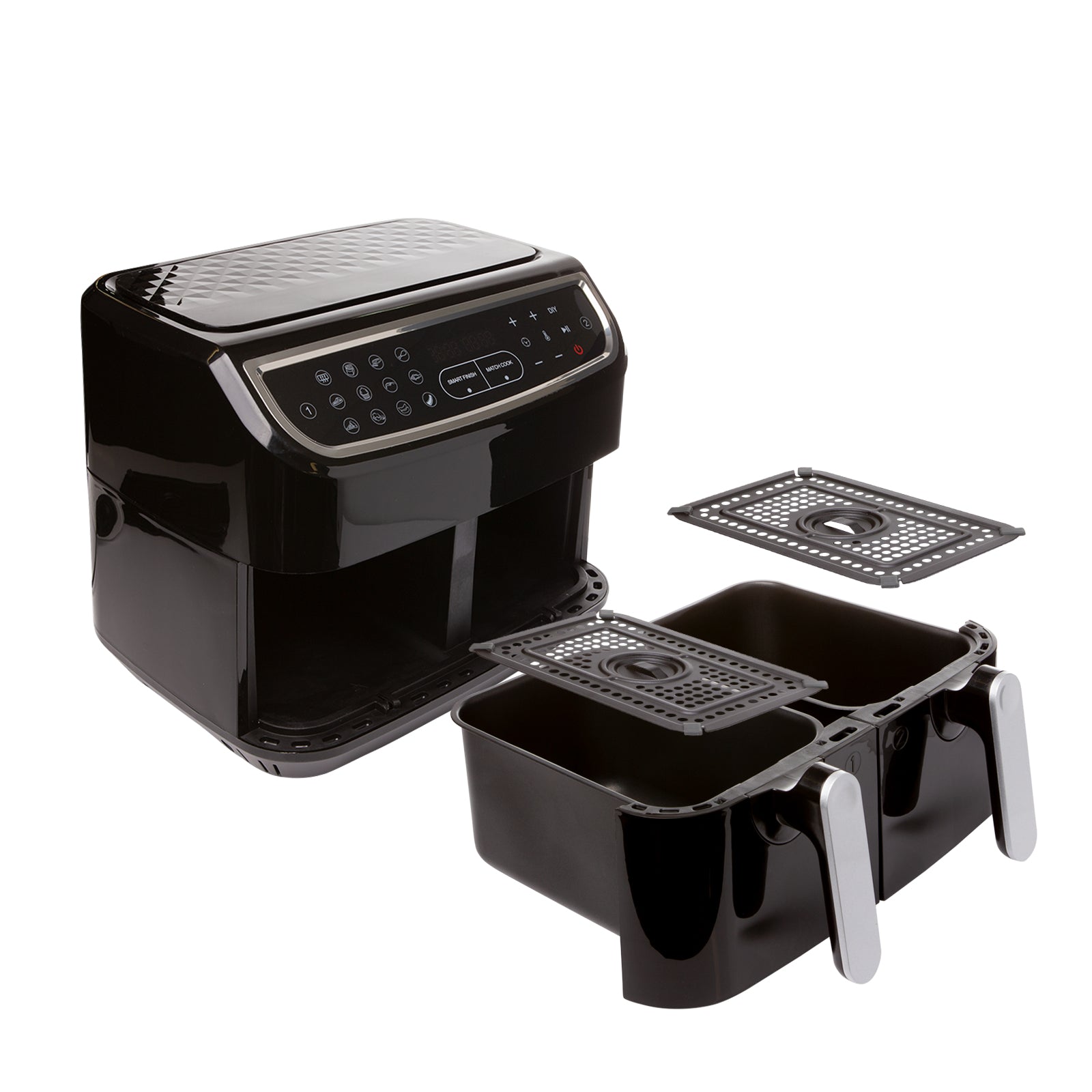 Kitchen Couture DUO 2-Basket Digital Air Fryer with LED display and two 4.5 litre baskets, showcasing its sleek black design.